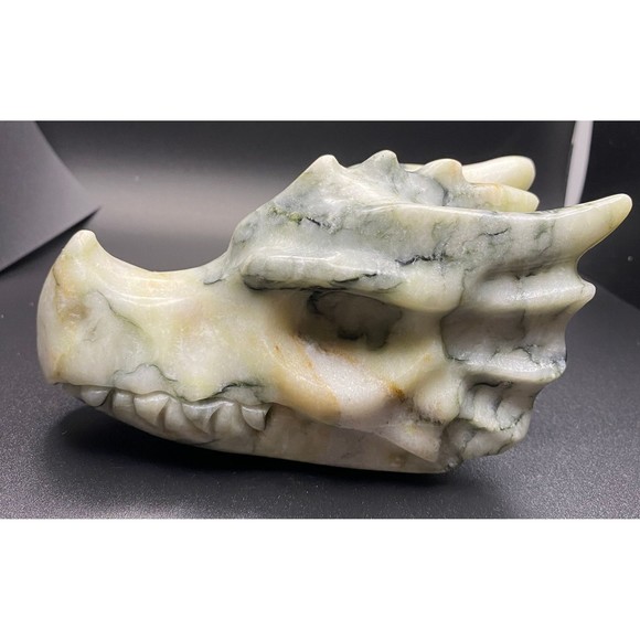 Large White Peach Green Jade Dragon Skull Crystal Carving - Veins Dinosaur - Picture 4 of 9